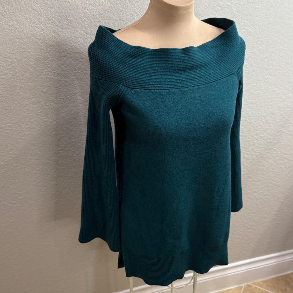 Anthropologie Off The Shoulder Ribbed Knit Bell Sleeve Sweater Teal Green Small